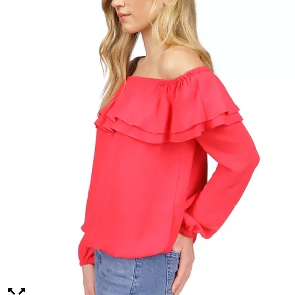 MICHAEL Michael Kors Solid Ruffle Peasant Top, Deep Pink, Long Sleeve Blouse M - Picture 3 of 15